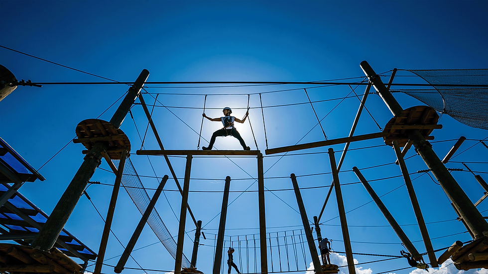 Rope course illustrating gratitude and trust in Jesus as a solid place to stand