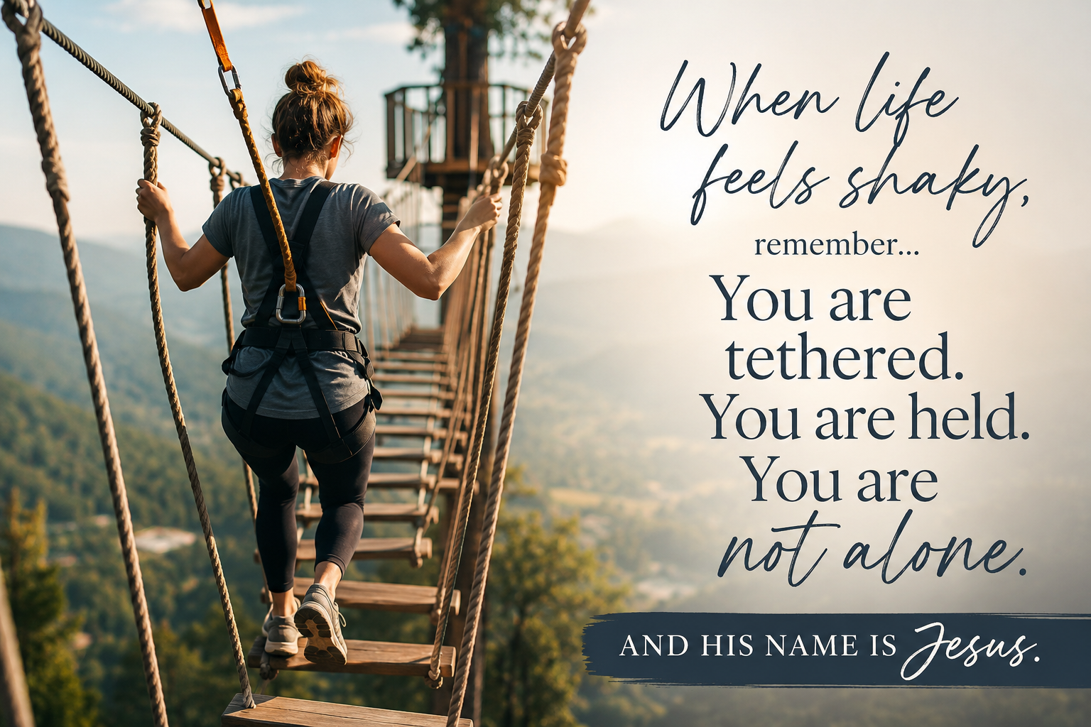 Rope course illustrating gratitude and trust in Jesus as a solid place to stand