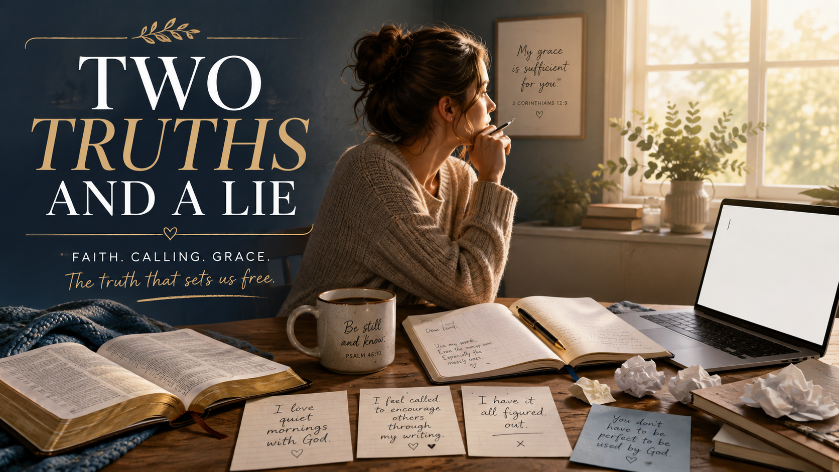 Christian writer sitting at a desk with an open Bible, journal, coffee, and laptop, reflecting on faith, calling, grace, and the pressure to be perfect.